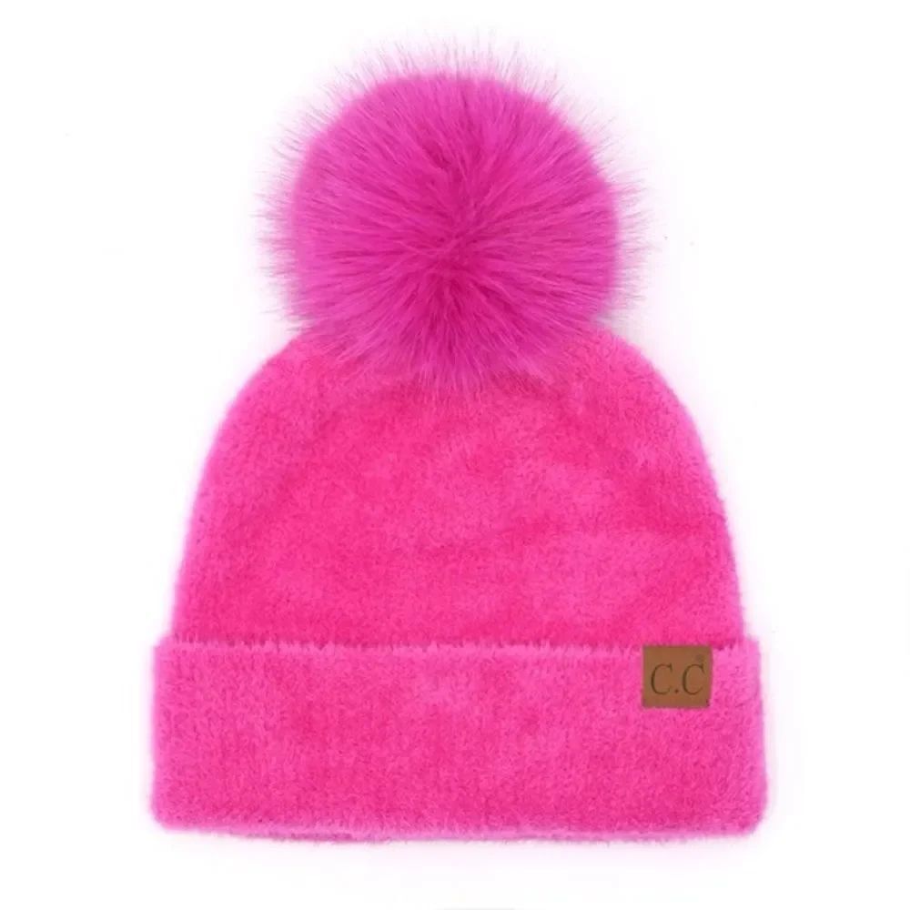 CC Pink Fuzzy Beanie with Pom Pom